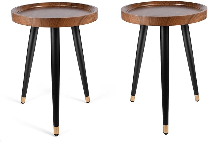 Plant Stand Indoor,Mid Century Walnut Wood Plant Table, Heavy Duty Metal Tall Flower Pot Stand,Modern Round Small Side End Table with Raised Design(12"x17") (2, 12 x 17 in)