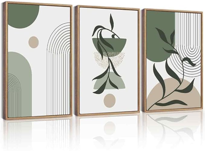 KUVIOKE Boho Wall Art Framed Botanical Modern Plants Wall Printing Green Neutral Abstract Geometric Prints Bohemain Sage Decor for Farmhouse Living Dining Room 16x24in (Natural Framed)