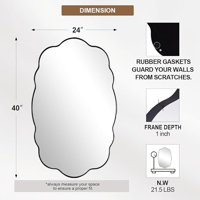 ANDY STAR Black Wavy Oval Mirrors for Bathroom, 24x40 Inch Wavy Scalloped Wall Mirror, Anti Rust Stainless Steel Metal Frame, Wall Mount Horizontal or Vertical