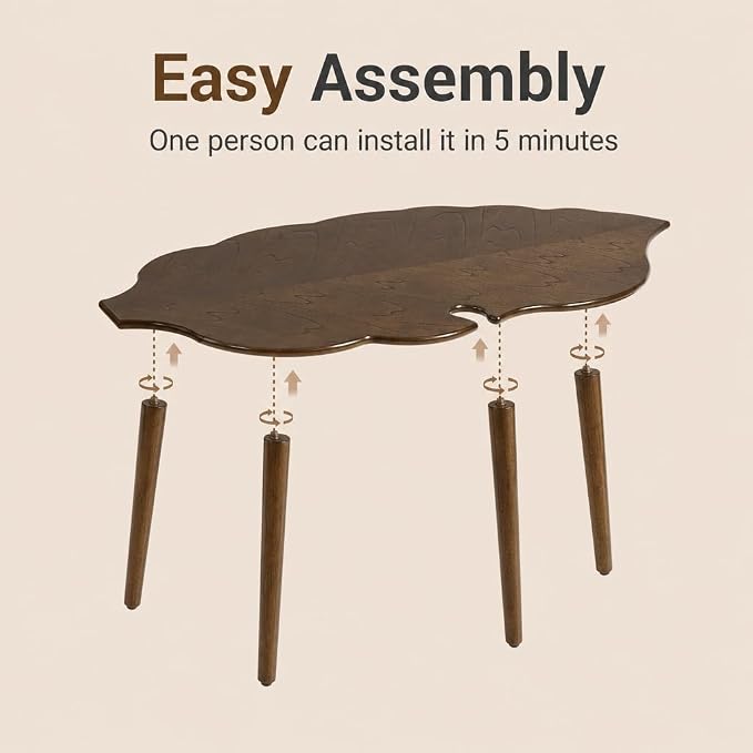 DUOMAY Mid-Century Modern Small Coffee Table, Solid Leaf-Shaped Wood Coffee Table for Living Room, Easy Assembly Center Table End Table with Wood Leg, Side Table for Bedroom Small Space, Brown