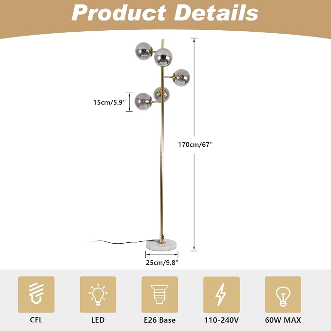 KCO Lighting Glass Globe Floor Lamp Mid Century Modern Standing Lamp Gold and Marble Floor Lamps Brass Reading Floor Lamp Bright Floor Light for Dark Rooms Living Room Bedroom