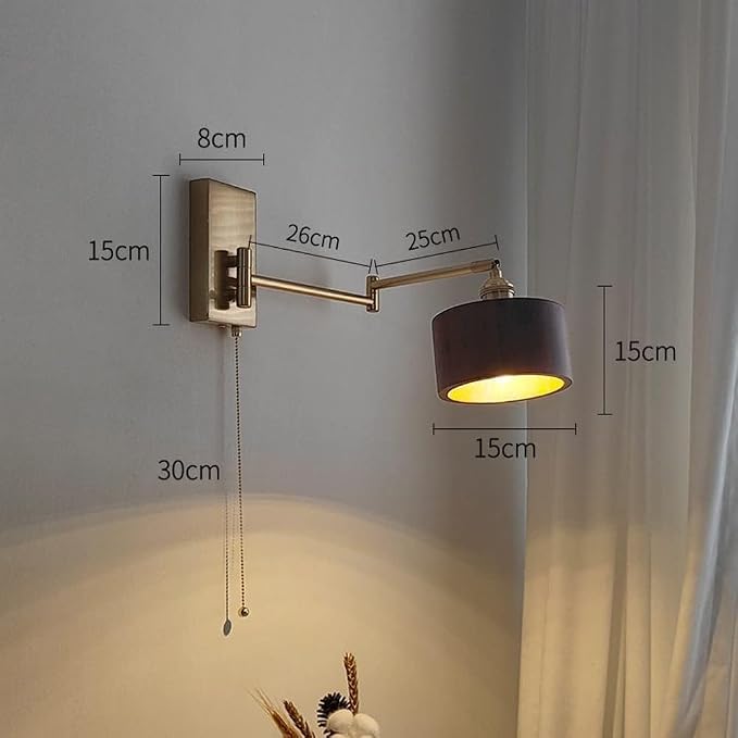 Retro Swing Arm Wall Lamp with Pull-Down Switch, Wooden Cylindrical Shade, Adjustable Lighting for Living Room, Bedroom, Study