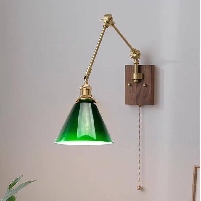 Adjustable Brass Swing Arm Wall Light - Retro Green Glass with Zip Switch, Perfect for Bedroom Bedside Reading, E27 Compatible, Vintage Style Lighting