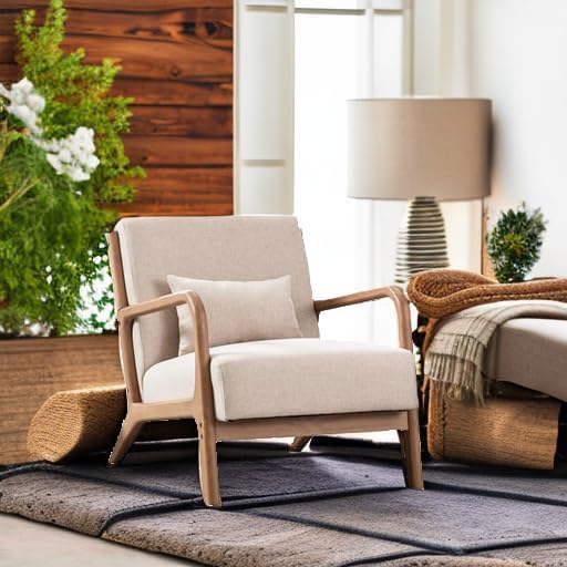 ANJ Mid Century Modern Accent Chair, Comfy Fabric Living Room Chairs with Solid Wood Frame, Lounge Reading Armchair, Easy Assembly, Beige