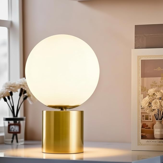 SOTTAE 11 Inch Modern Gold Globe Table Lamp,Vintage Mid Century Round Table Lamp with Milk White Glass Shade Metal Base for Bedroom Bedside Lamp Living Room End Table