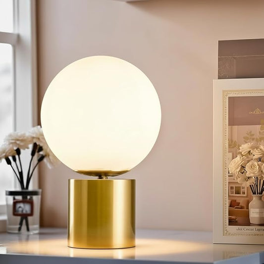 SOTTAE 11 Inch Modern Gold Globe Table Lamp,Vintage Mid Century Round Table Lamp with Milk White Glass Shade Metal Base for Bedroom Bedside Lamp Living Room End Table