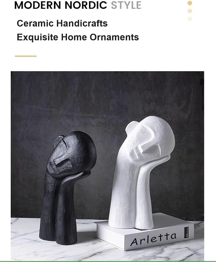 Minimalist Ceramic Ornament Abstract Thinker Statue Head Sculpture for Modern Home Office Meeting Room Shelf Decor 14" inch Tall (Black)