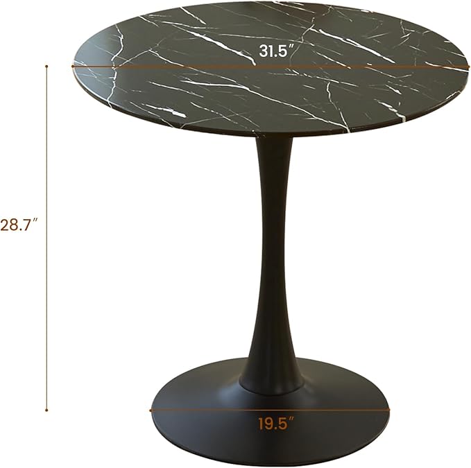 Round Dining Table, 31.5" Circle Tulip Table with Thickened Tabletop & Metal Pedestal, Mid Century Modern Bistro Table for Kitchen, Small Places, Living Room, Cafe (Marble Pattern Black)