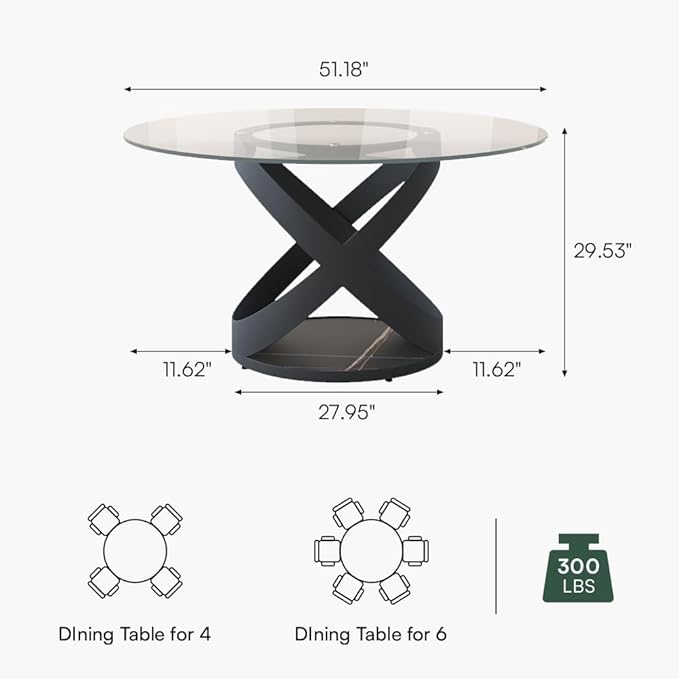 POVISON 51" Modern Round Dining Table, Glass Round Kitchen Table for 4, Tempered Glass Dining Room Table top with Black X Carbon Steel Base (Dining Table Only)