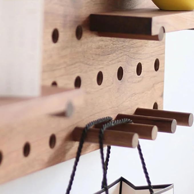 Walnut Wood Pegboard Wall Organizer, Mid-Century Modern Wall Mounted Display Shelf, Modular Wooden Peg Board Shelving Unit with Hooks for Entryway, Bedroom, Office Storage & Decor