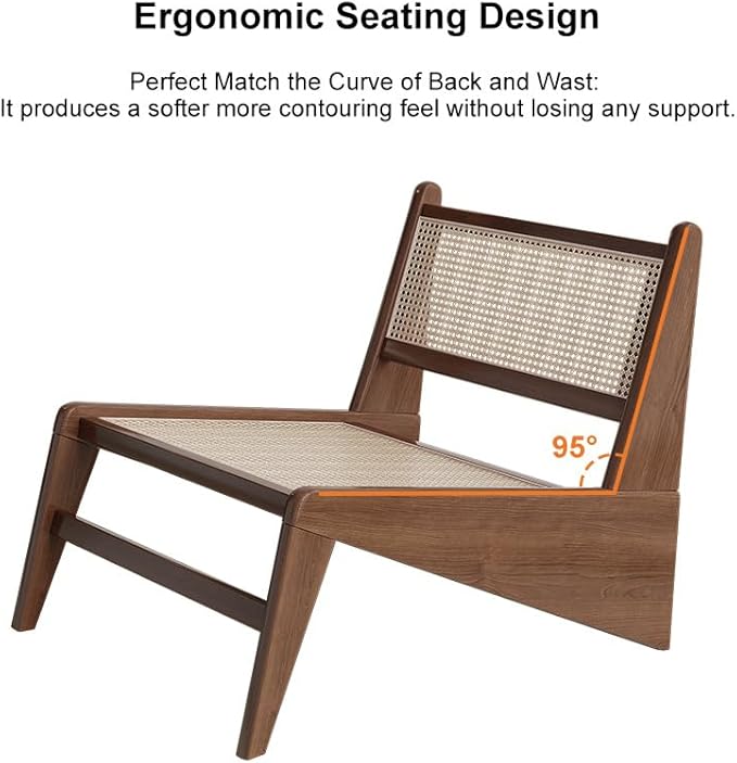 homary Mid Century Modern Chairs Set of 2, Japandi Walnut Rattan and Wood Lounge Chairs Armless Accent Chair for Living Room Bedroom Balcony & Patio
