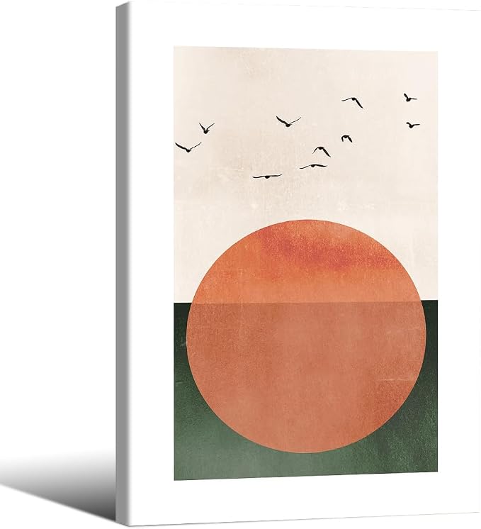 Wrapped Framed Japanese Minimalist Sunset With Bird Wall Art Nature Geometric Abstract Poster Modern Mid Century Eclectic Canvas Prints for Living Room Gallery Home Decor 24x36 inch