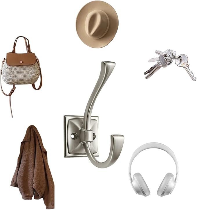 10 Pack Decorative Heavy Duty Towel Hooks for Hanging Robe Double Satin Nickel Coat Hooks Wall Mounted with Screws for Key, Towel, Bags, Cup, Hat