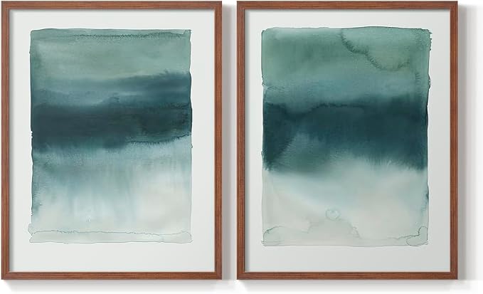 Renditions Gallery Set of 2 Peel & Stick Framed Prints, Tie Dye Abstract Wall Art, Sage Green Watercolor Horizon Wall Decor, Re-Stickable - Ready to Hang - 22"x28" - Walnut Frame LT588
