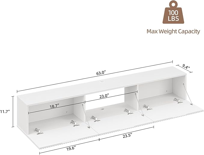 Slatted Floating TV Stand with 3 Doors,63IN Wall Mounted TV Cabinet,Floating Media Console Entertainment Center with Storage,Under TV Shelf for Bedroom Living Room,White