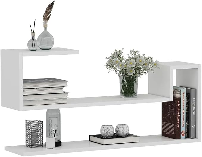 Geometric Wall Shelf: Modern MDF Floating Bookshelf (White)