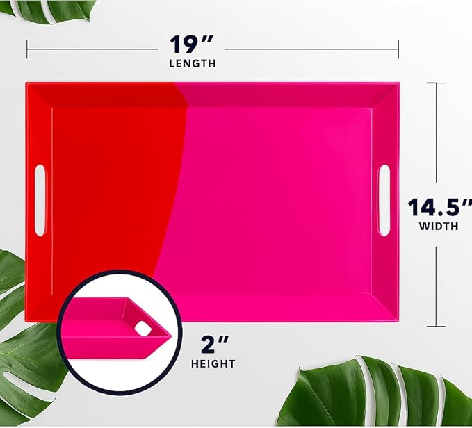 Melamine Serving Tray with Handles, Chip and Break Resistant, Durable and Kid-Friendly Food Tray for Indoor and Outdoor, Dishwasher Safe (Fuchsia/Red)