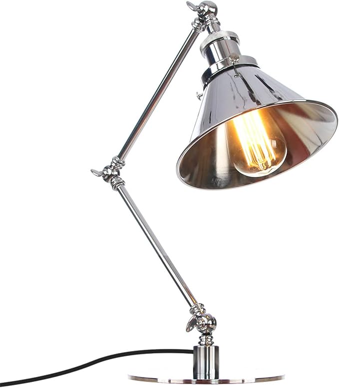 Makeup Vintage Desk Lamp, Industrial Metal Task Table Lamp with Adjustable Swing Arm, Bedroom Bedside Night Light Cafe Retro Reading Lighting,Chrome
