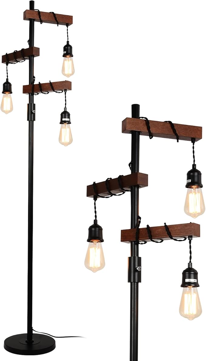 Industrial Floor Lamp, Farmhouse Tree 68 Inch 3 Lights Wood Standing Lamp, Sturdy Base Tall Vintage Metal Black Pole Light for Living Room Bedroom Office Rustic Home