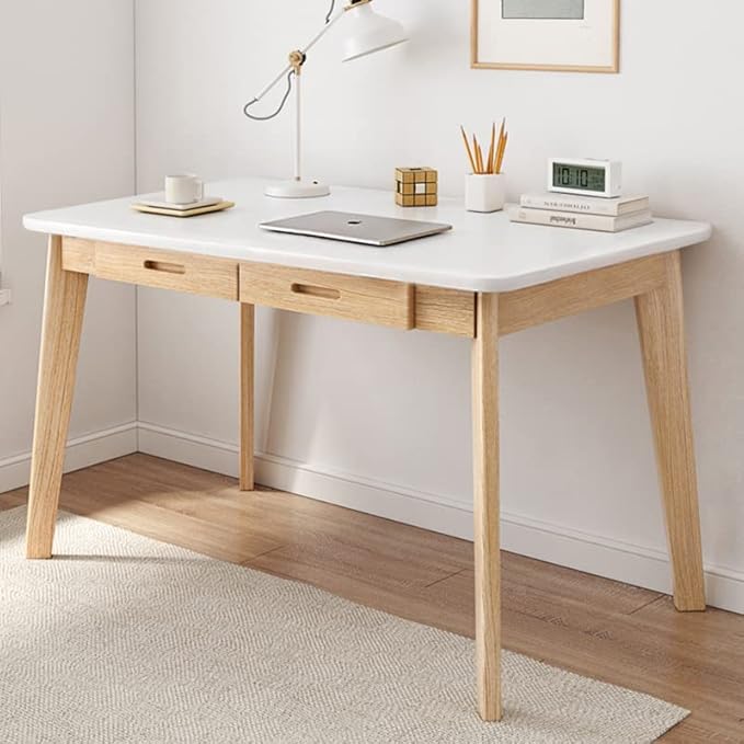 IOTXY Solid Wood Writing Desk - Home Office Workbench Desk with Drawer, 39.37" Width Laptop Computer Work Study Table in White