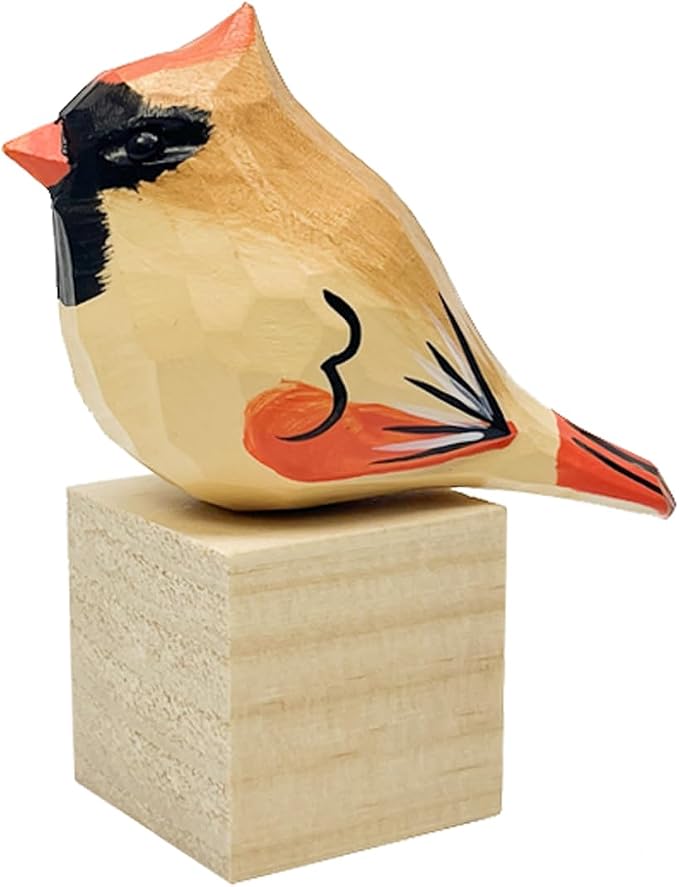 H&Zebrabro Hand Carved Bird Figurines, Hand-Painted Sculpted Wooden Birds, Wood Bird Sculptures for Home Decoration, Hand Crafted Life Like Bird Statues, Ideal Gifts for Bird Lovers (Female Cardinal)
