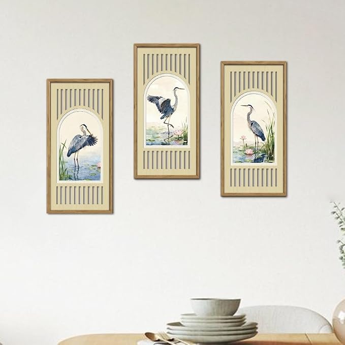 IARTTOP Great Blue Heron Wall Decor Set of 3 Farmhouse Coastal Birds Wall Art 8x16 Inch Watercolor Bird Art Prints Nature Wildlife Artwork for Living Room Bedroom Office Framed