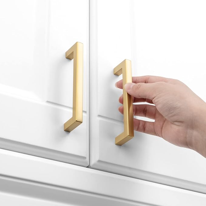 KOOFIZO Solid Square Bar Cabinet Handle - Brushed Gold Furniture Pull, 3 Inch/76mm Screwhole Distance, 10-Pack for Kitchen Cupboard Door, Bedroom Dresser Drawer, Bathroom Wardrobe Hardware