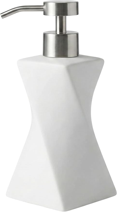 Modern White Hand Soap Dispenser with Stainless Steel Pump for Bathroom Countertop, Dish Soap Dispenser for Kitchen Sink, Contemporary Art Style, Matte Finish, 8.5oz (Arctic White)