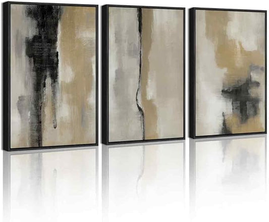 KUVIOKE Black Gray Abstract Framed Wall Art Neutral Wall Decor Minimalist Modern Illustrations Art Print for Living Room Bedroom 12x16in (Black Framed)