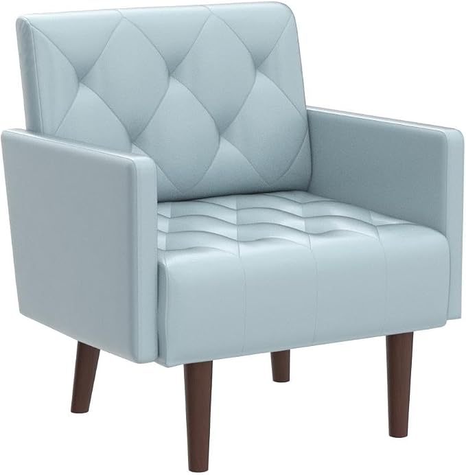 Faux Leather Accent Chair, Modern Retro Arm Chair for Living Room and Bedroom Tufted Upholstered Sofa Club Chair Comfy Armchair for Small Spaces Bedroom Office (Blue)