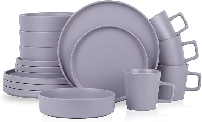 Stone Lain Cleo Stoneware 16-Piece Modern Dinnerware Set, Plates and Bowls, Light Gray, Service for 4, Microwave & Dishwasher Safe