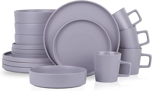 Stone Lain Cleo Stoneware 16-Piece Modern Dinnerware Set, Plates and Bowls, Light Gray, Service for 4, Microwave & Dishwasher Safe