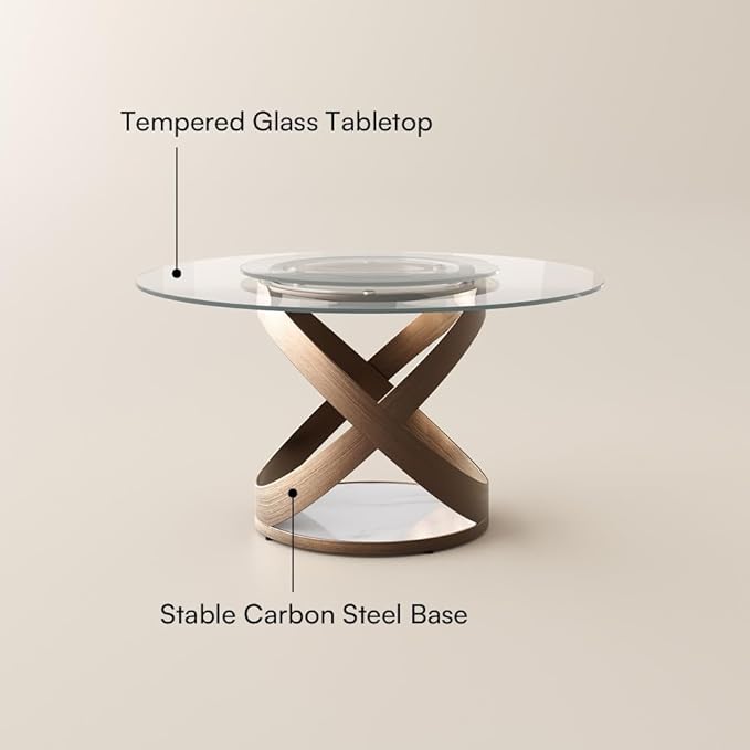 POVISON 51" Modern Round Dining Table with Lazy Susan, Glass Round Kitchen Table for 4, Tempered Glass Dining Room Table top with Bronze X Carbon Steel Base (Dining Table Only)