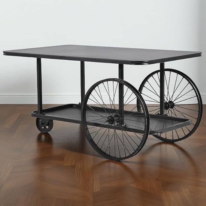 Steampunk-Inspired Mobile Storage Serving Cart - Black Metal Iron Top - 39.37" x 23.62" - Welded Construction Heavy Duty Locking Casters - 2-Tier Open Shelf - Movable Coffee Bar Table