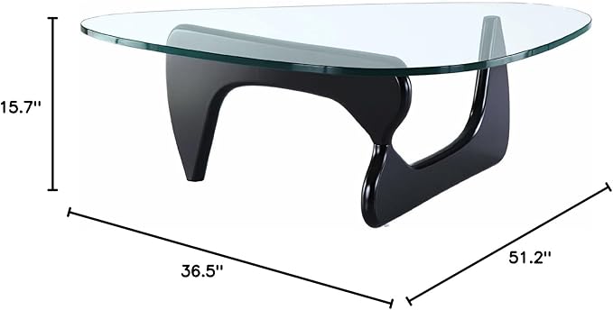 EMODERN FURNITURE - Mid-Century Modern Style Coffee Table Glass Top Hardwood Base (Black)