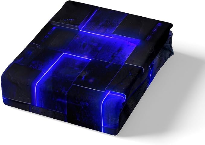 Navy Blue Black Bed Set 3D Glowing Buffalo Duvet Cover Twin Size Modern Abstract Art Twin Bedding Sets Geometric Plaid Comforter Cover, Gradient Futuristic Cubes Bed Cover (Black Reversible)