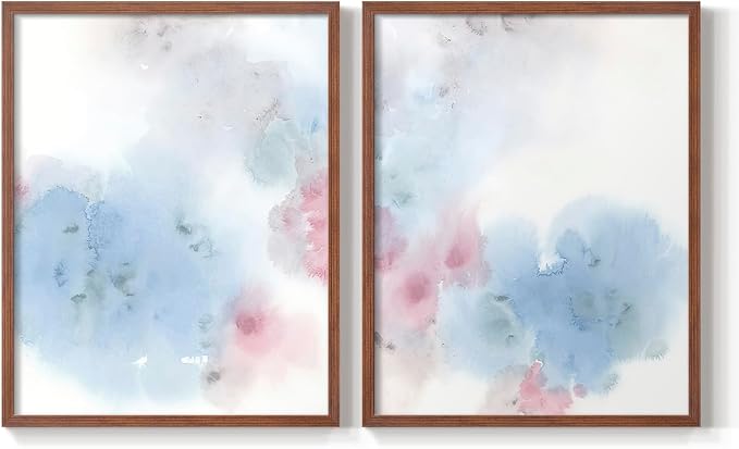 Renditions Gallery Set of 2 Peel & Stick Framed Prints, Watercolor Abstract Wall Art, Cotton Candy Splash Wall Decor, Re-Stickable - Ready to Hang - 11"x14" - Walnut Frame LT588