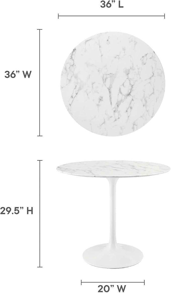 Modway Lippa Round 36" Mid-Century Modern Artificial Marble Dining Table in White