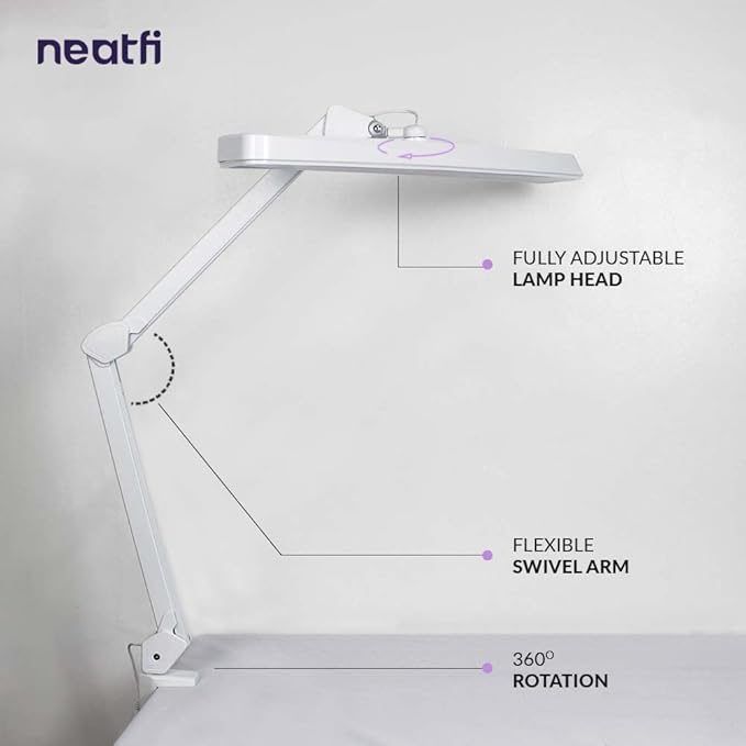 Neatfi Task Lamp – 2,500 Lumens, 30W, 22-Inch Wide Shade, 4 Brightness Levels, Eye-Caring Light, Clamp Mount, LED Task Light for Manicure Table, Crafts, Workbench, Office (Non-CCT, White)