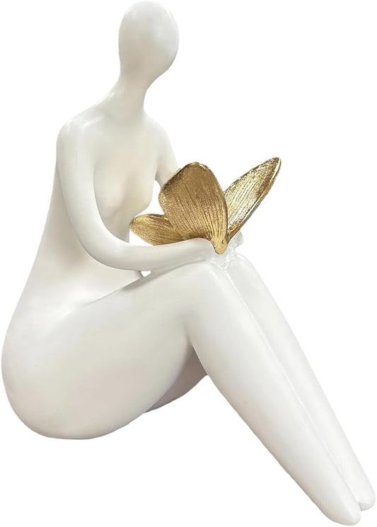 Lescafita White Abstract Sitting Figurine with Gold Butterfly – Modern Shelf Sitter Sculpture for Home Decor, Minimalist Statue, Elegant Desk Ornament for Living Room, Office & Bookshelf Decoration