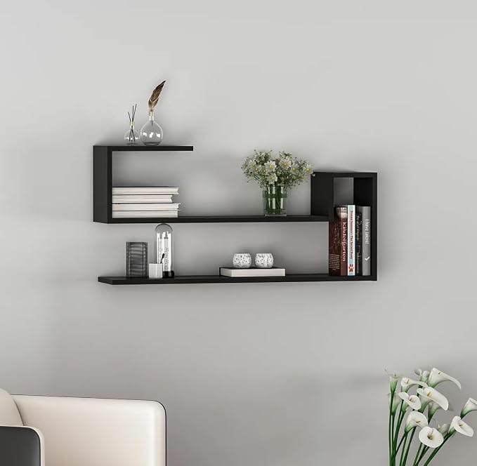 Geometric Wall Shelf: Modern MDF Floating Bookshelf (Black)