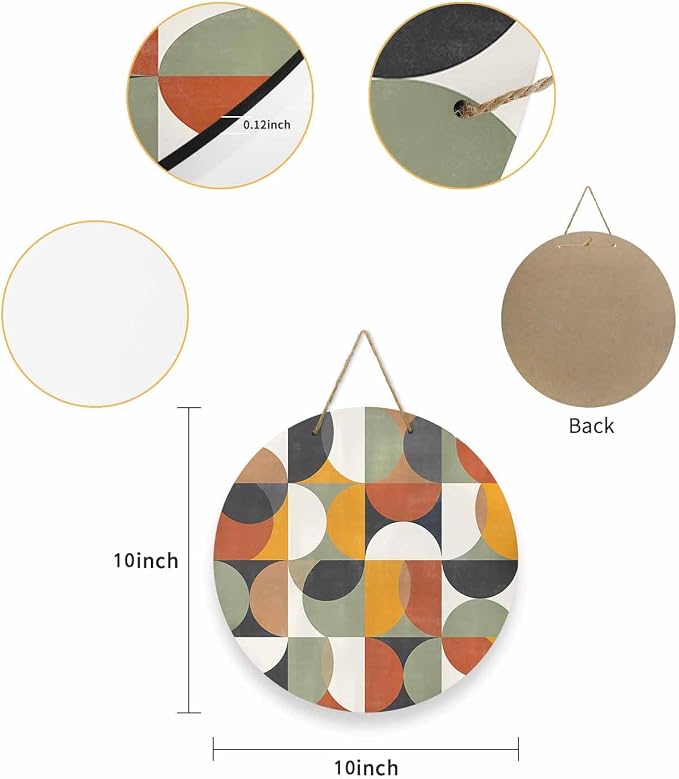 Welcome Sign for Front Door Mid Century Geometric Wood Door Hanger for Outdoor Outside Porch,10 Inch Round Wooden Wreath Indoor Wall Hanging Decoration, Abstract Modern Retro