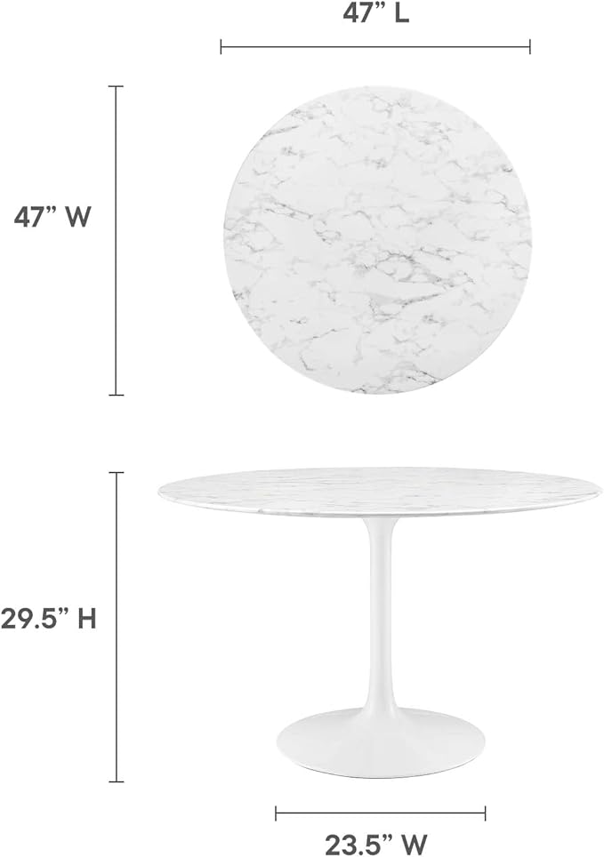Modway Lippa 47" Mid-Century Dining Table with Round Artificial Marble Top in White
