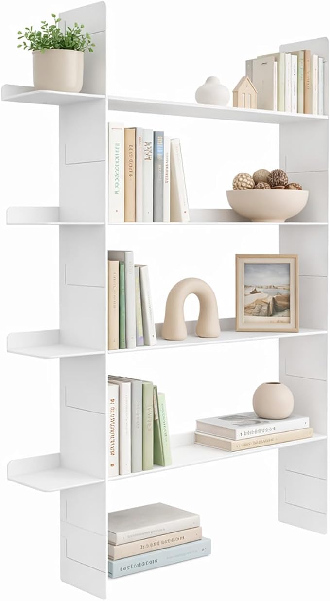 4 Tier Floating Book Shelf, Metal Wall Mounted Storage Shelves with 2 Uprights & 4 Shelves, Easy Install Display Shelf for Books, Plants, Decor & Collectibles, White