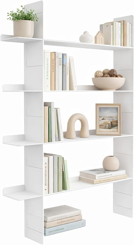 4 Tier Floating Book Shelf, Metal Wall Mounted Storage Shelves with 2 Uprights & 4 Shelves, Easy Install Display Shelf for Books, Plants, Decor & Collectibles, White