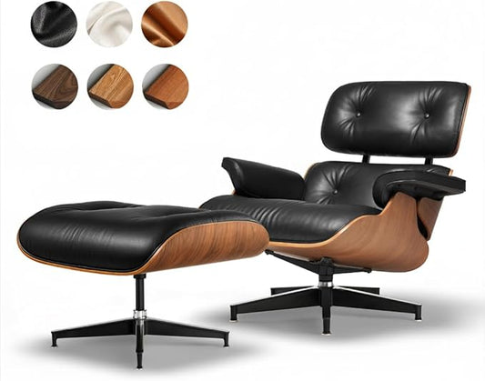 Top Grain Leather, Mid Century Chaise Lounge Chair Indoor, Chair with Ottoman, Reading Chair, Leather Accent Chair, Modern Arm Chair, Classic Design, Heavy Duty Base Support for Living Room, Walnut