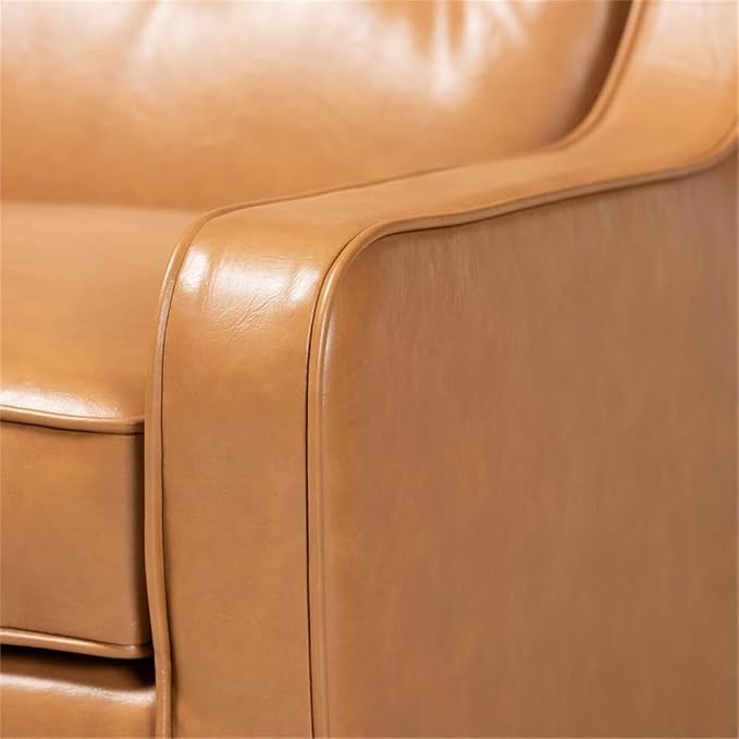 BOWERY HILL Lounge Armchair, Tan Faux Leather Upholstery, Walnut Brown Finished Wood, Button-Tufted Backrest, Removable Seat Cushion, Mid-Century Style, 37.2" H x 27.6" W x 34.1" D Accent Chair for