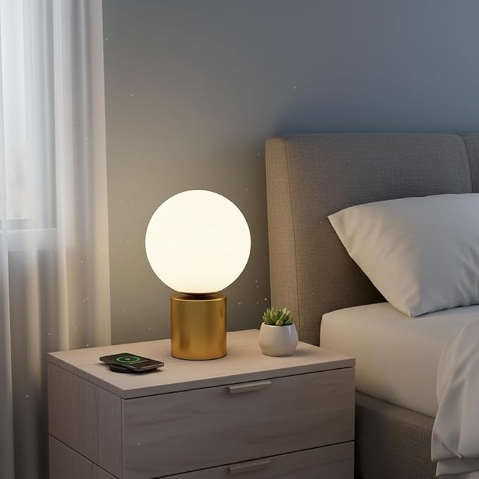 SOTTAE 11 Inch Modern Gold Globe Table Lamp,Vintage Mid Century Round Table Lamp with Milk White Glass Shade Metal Base for Bedroom Bedside Lamp Living Room End Table