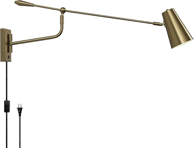 Rotatable Activity Adjustable Direction Swing Arm Wall Lamp, Dual Power Modes Plug-in/Hardwired, Indoor Large Gold Wall Mounted Lights for Bedroom Living Room Dining Room, E26 Bulb