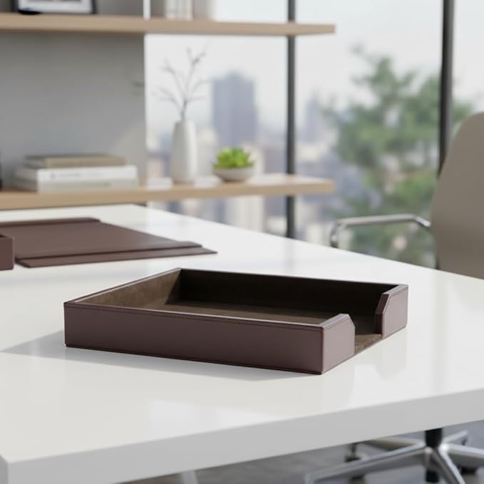 Dacasso Dark Brown Bonded Leather Luxury Letter Tray Holder - Paper Organizer for Desktop Office Essentials & Executive Desk Decor